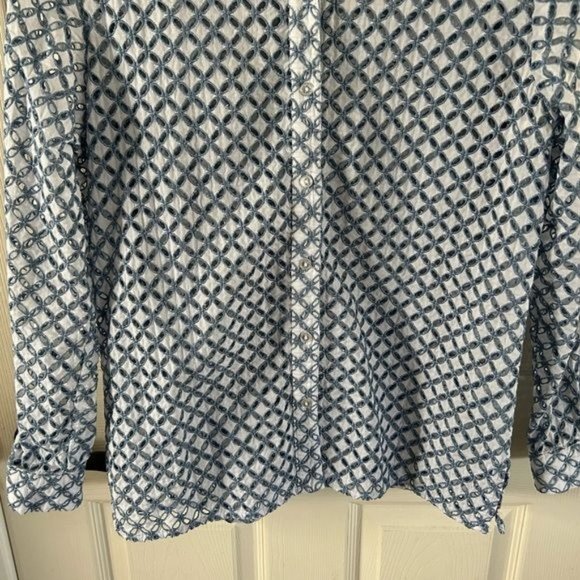Samuel Dong Eyelet Cutout Button Down Long Sleeve Blouse, Blue White Sz Medium - Picture 4 of 16
